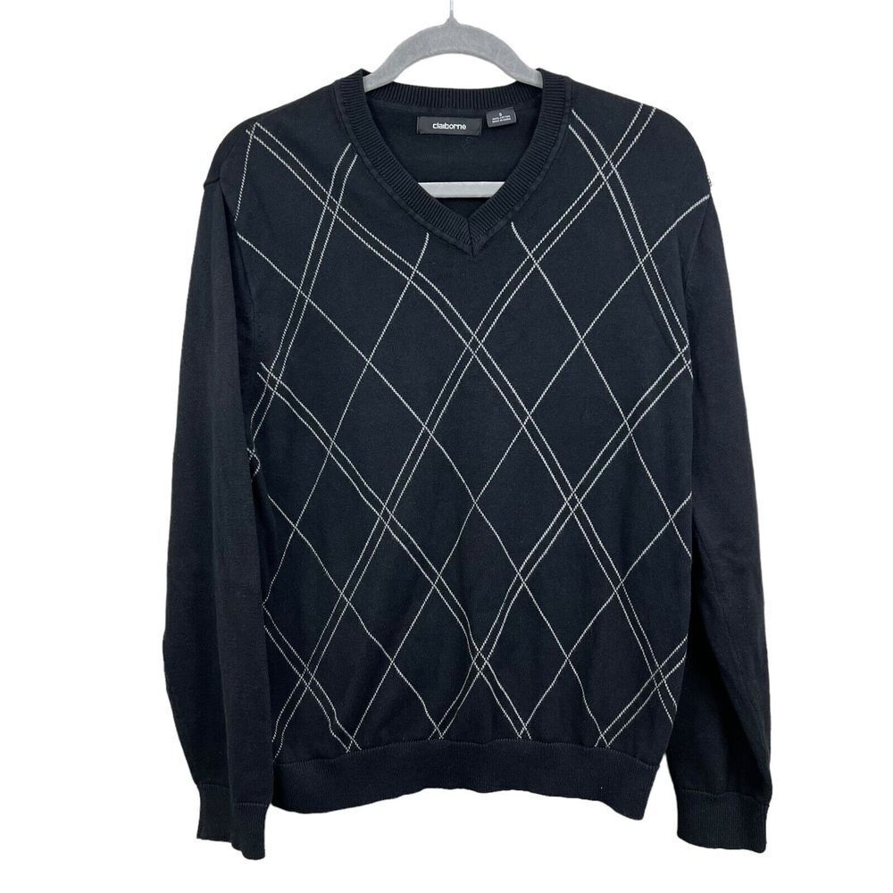 Claiborne Argyle Sweater V Neck Ribbed Hem and Cuffs Black Cotton Men Size S*
